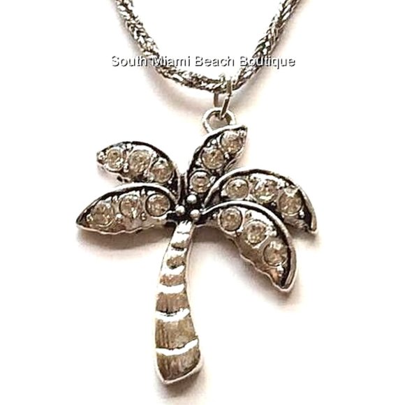 Palm Tree Necklace 24" Crystal Silver Plated BIG Pendant Island Beach Coconut - Picture 2 of 10